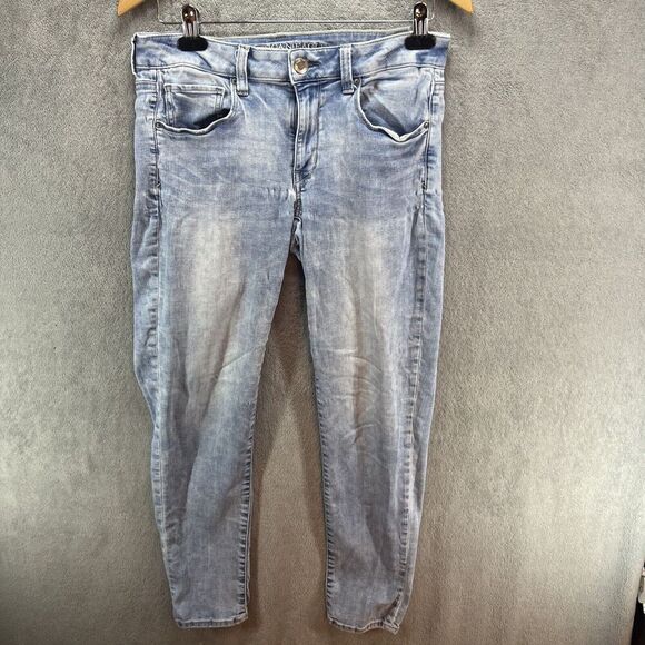 American Eagle Denim Jeans Women 8 Blue Light Wash Skinny Mid Rise Super Stretch - Picture 1 of 10